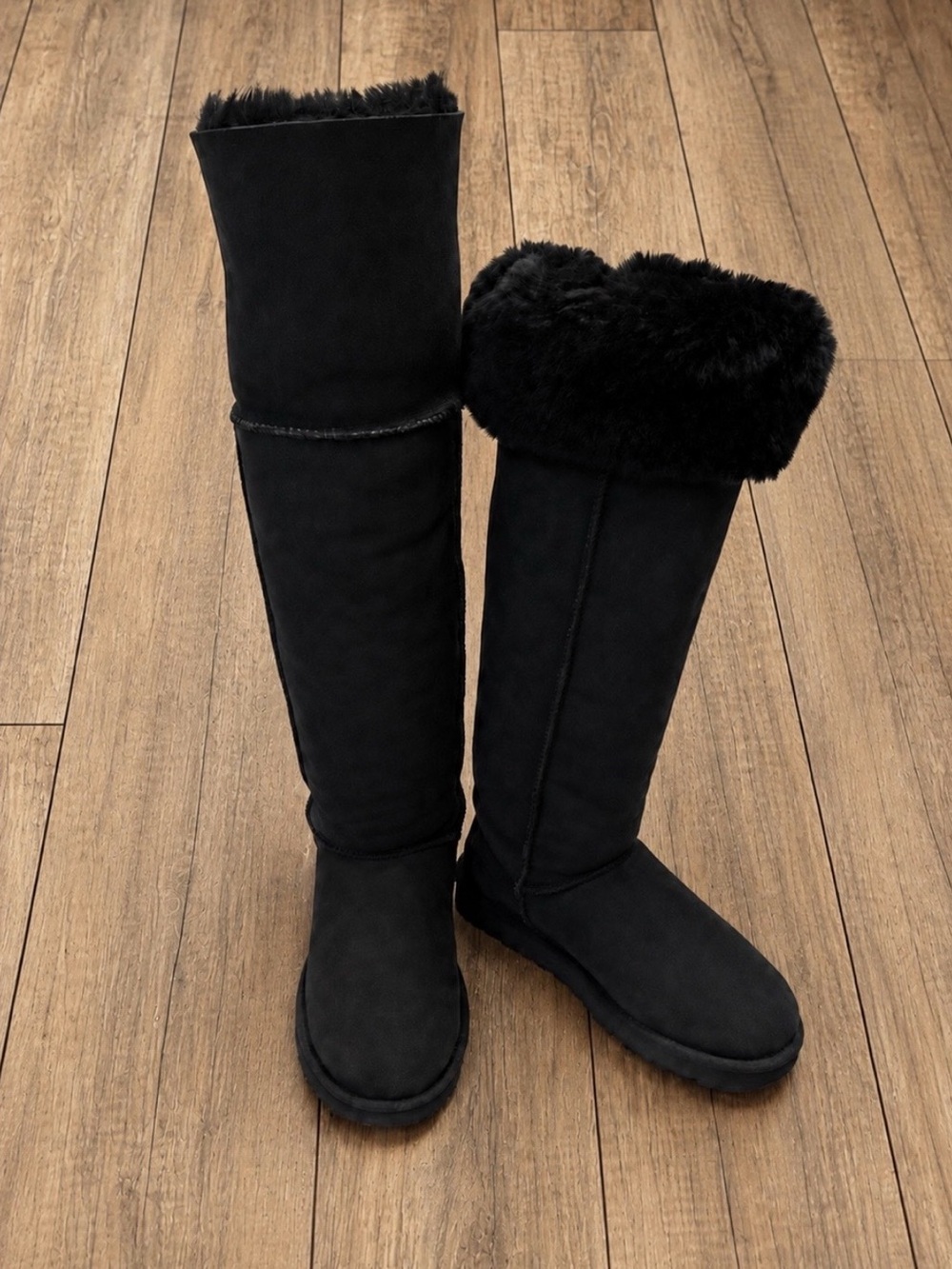 UGG Women’s Tall Black Suede Winter Boots with Shearling Trim – New size US 7
